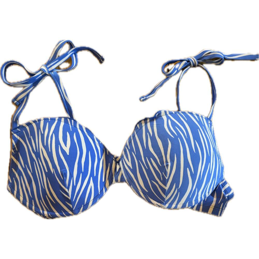 BCBG Paris Bikini Swim Top Womens 2XL Blue & White Zebra Underwire Halter